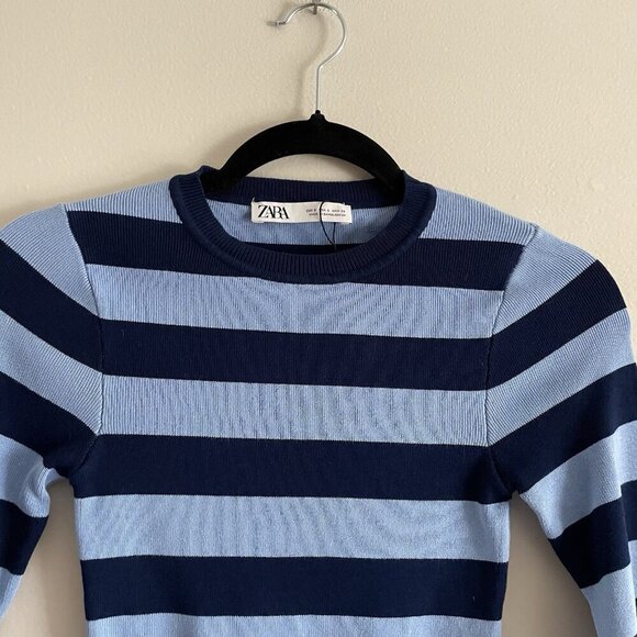 Zara Women S Blue Striped Ribbed Knit Crew Neck Pullover Basic Cropped Sweater - Picture 5 of 9